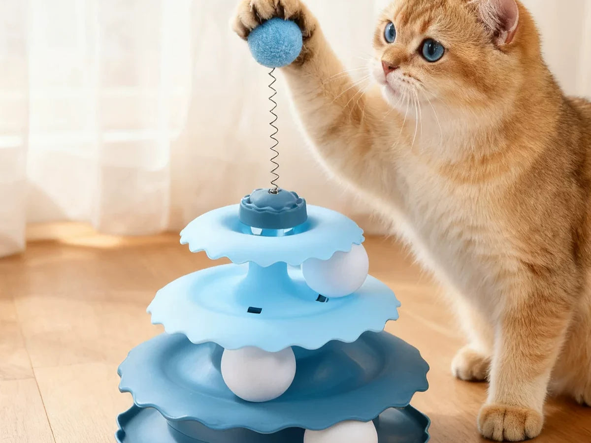 Cat playing with a tiered toy