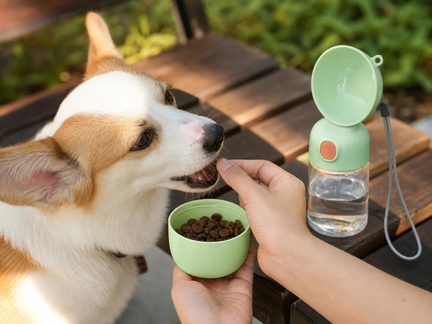 Small dog receiving a treat from a travel bottle