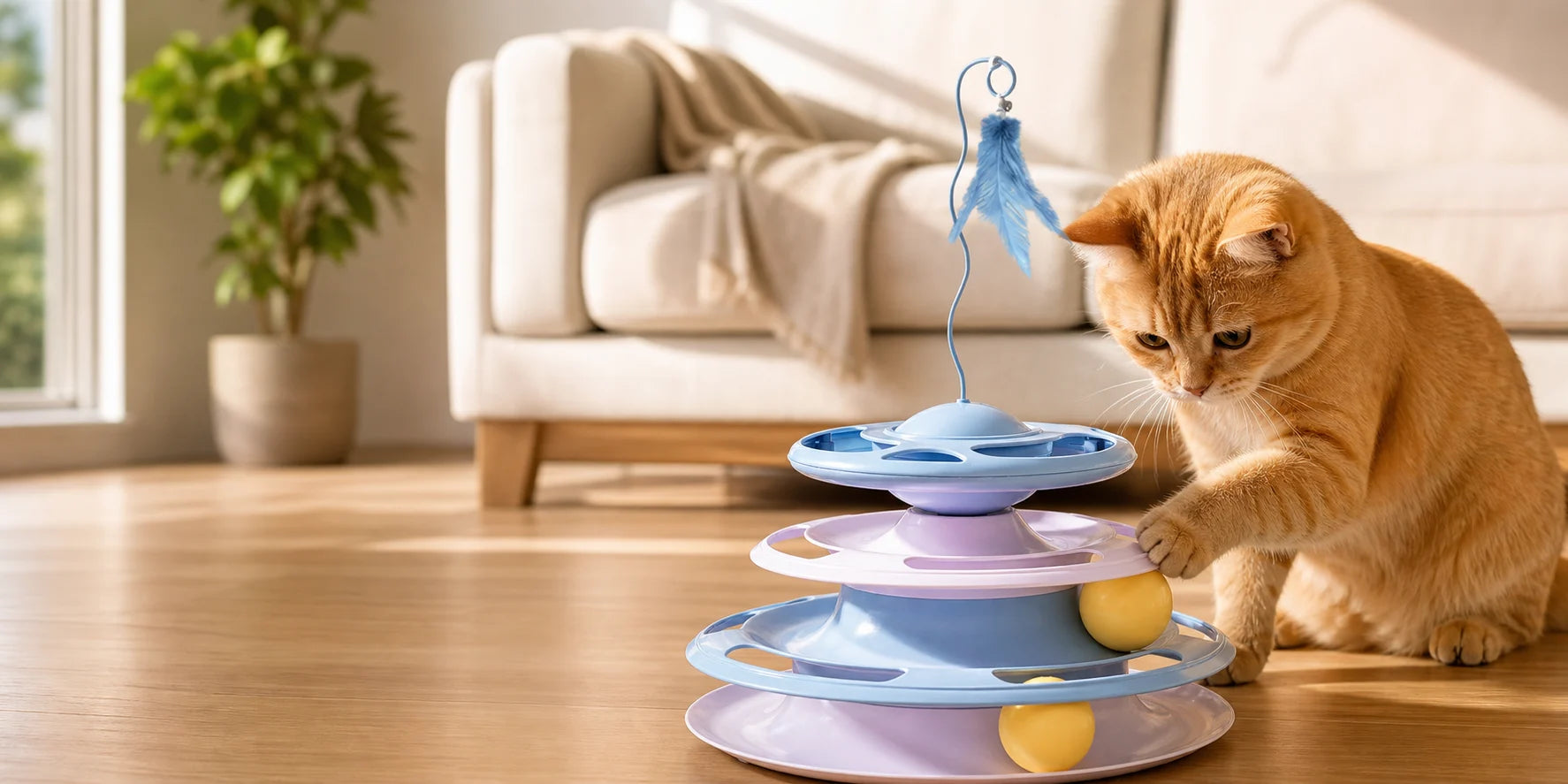 Orange tabby playing with a pastel four-level track toy