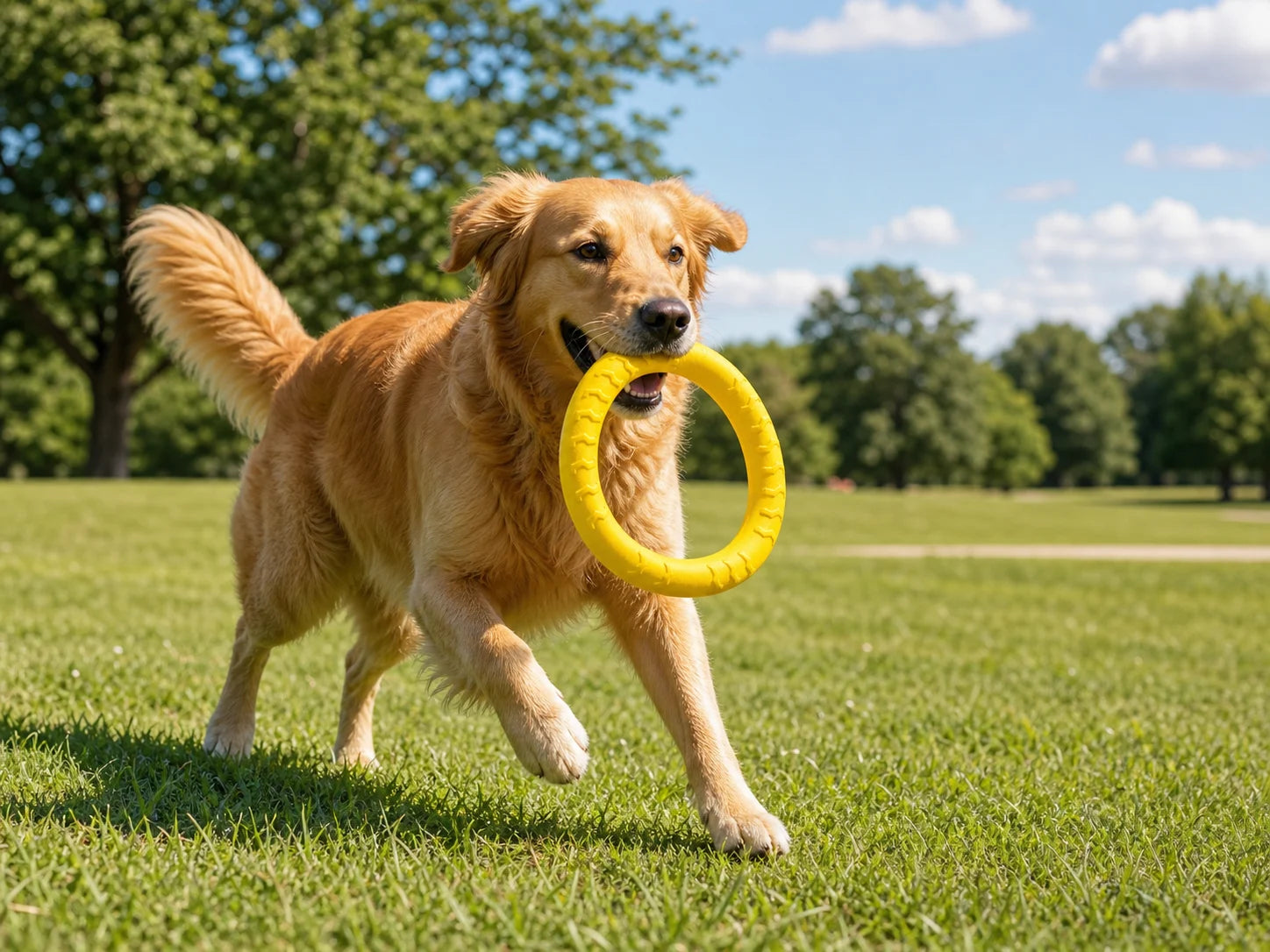 Dog playing with a yellow tug ring in a park