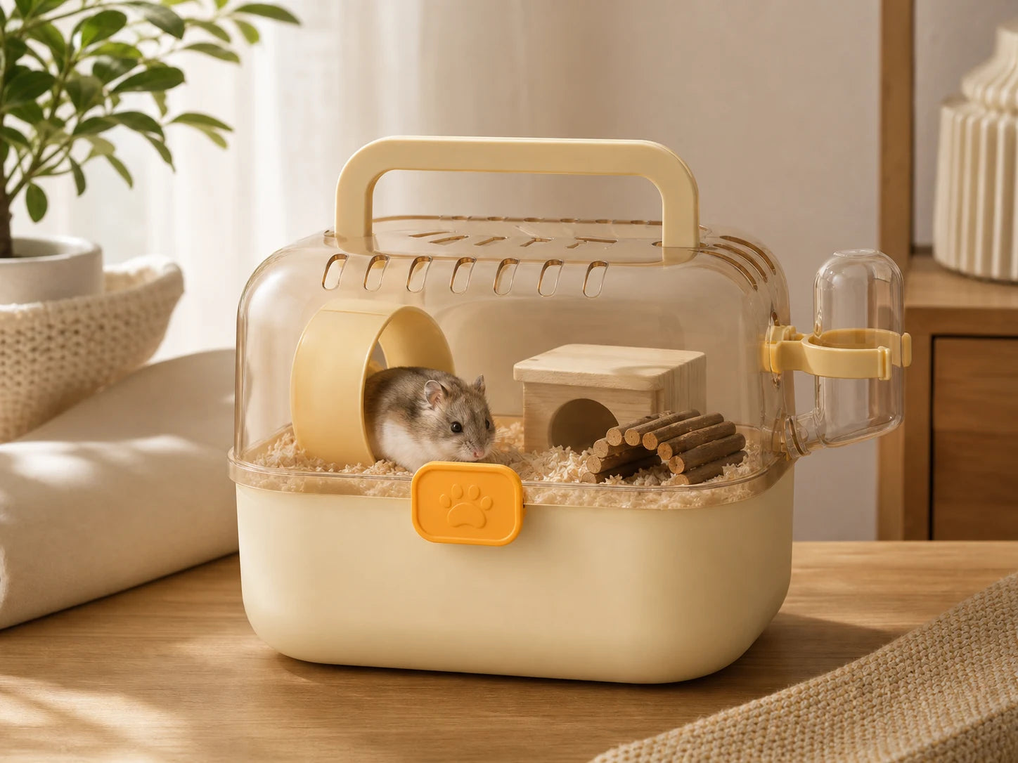 Hamster relaxing inside a travel habitat