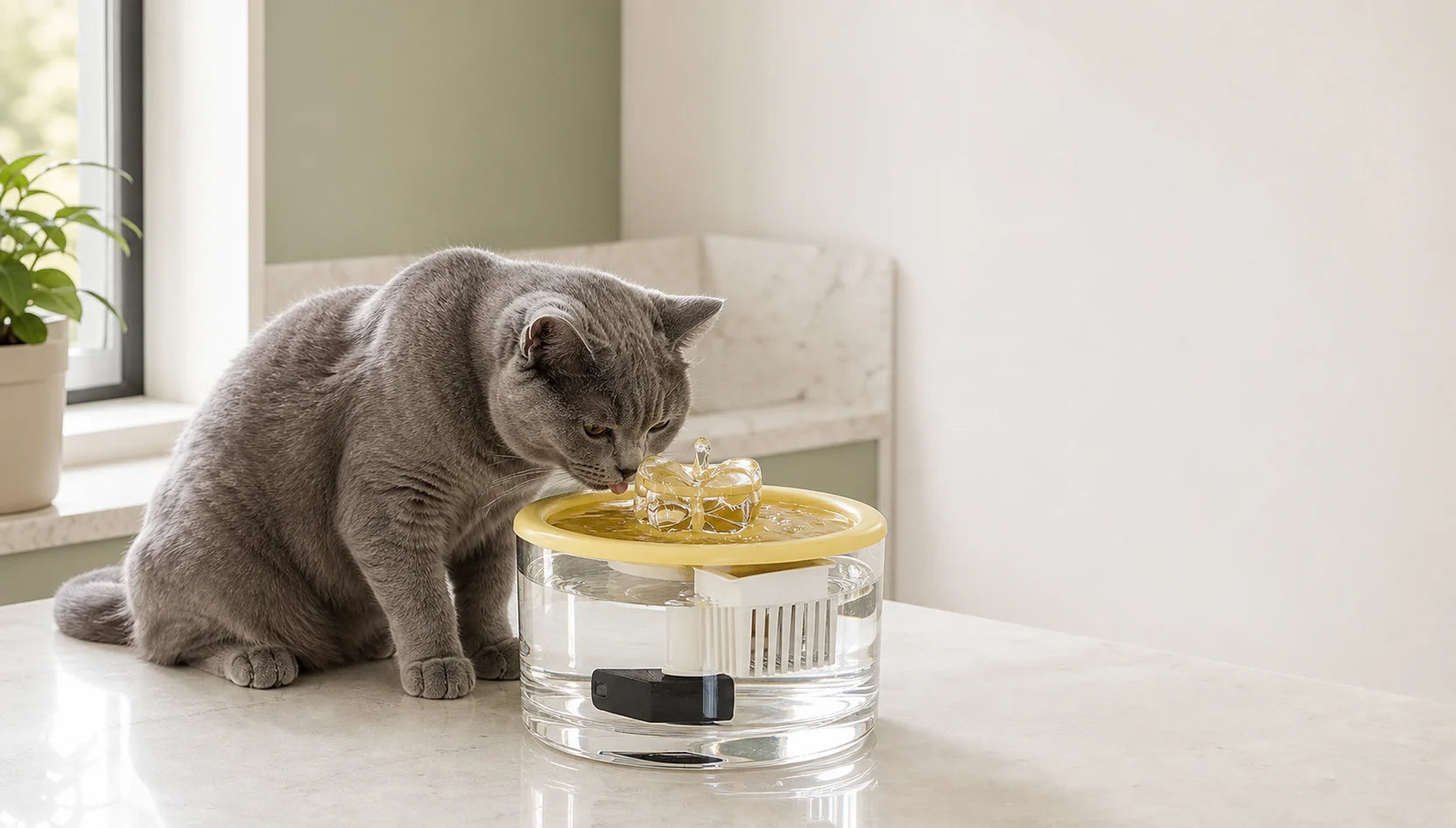 Gray cat drinking from a clear round water fountain