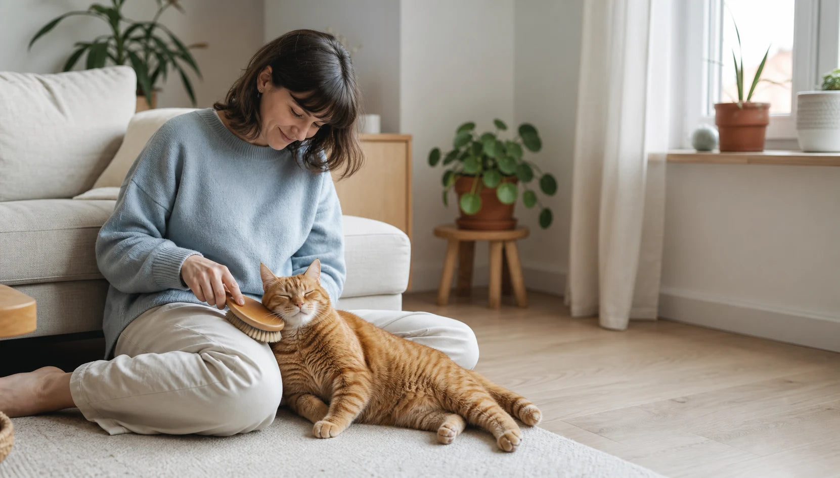 Pet owner gently brushing a relaxed orange tabby