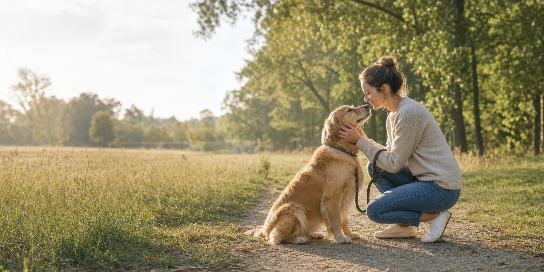 Pet owner sharing a quiet moment with a golden retriever
