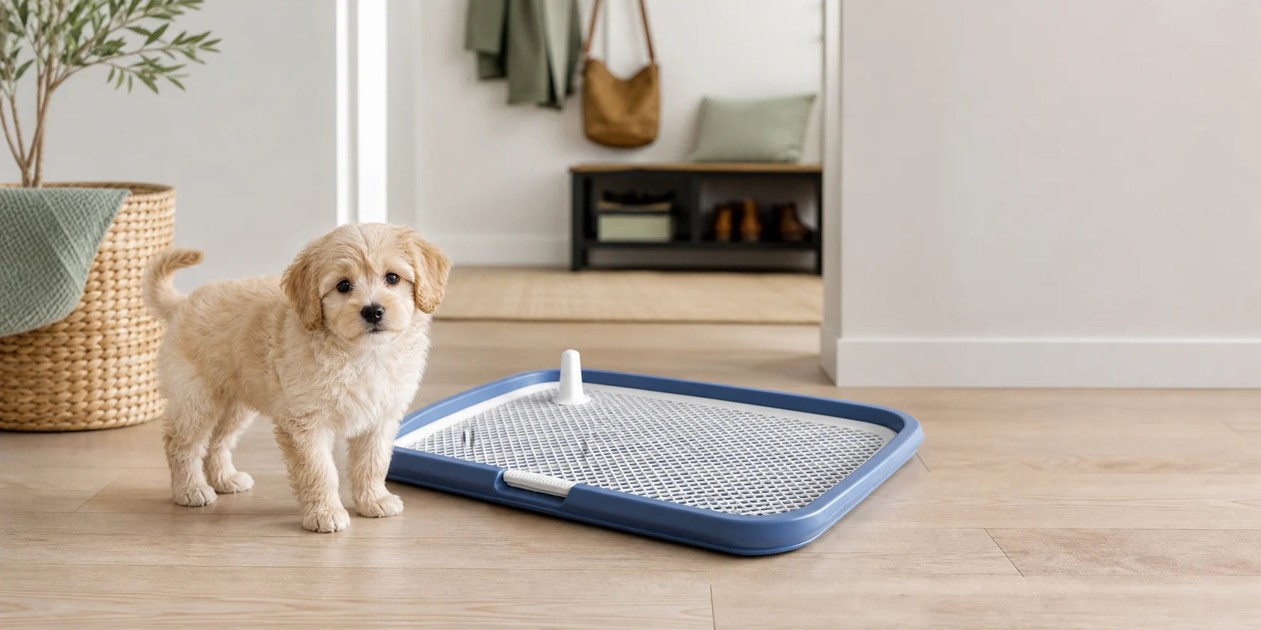 Puppy beside an easy-rinse potty tray